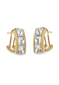 Goldfarbene Ohrringe mit einem geschwungenen Design und vier klaren, quadratisch geschliffenen Steinen, die in einer rechteckigen Form angeordnet sind.