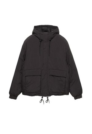 Zwarte pufferjas met een capuchon, voorzien van een rits aan de voorkant, aantrektouwtjes aan de zoom en de capuchon, en twee voorzakken. Glad, geïsoleerd materiaal.