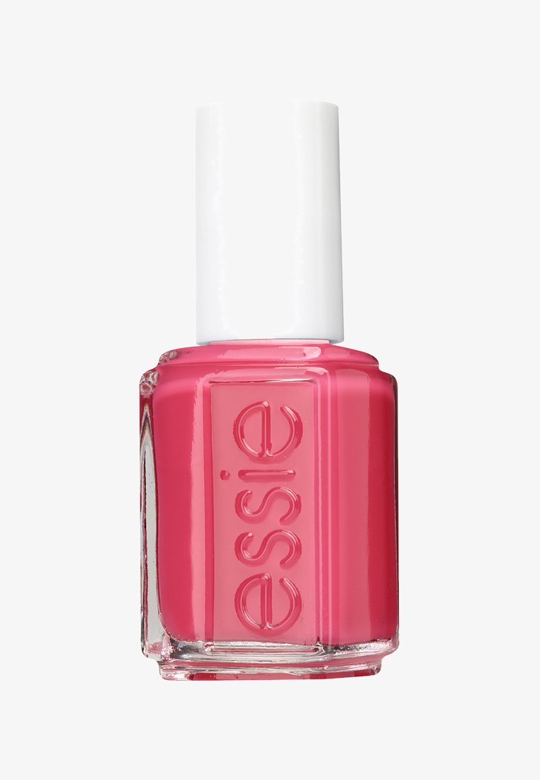 Flaska med Essie nagellack i en livlig rosa färg, rektangulär glasflaska med en slät, glänsande yta och ett vitt cylindriskt lock.