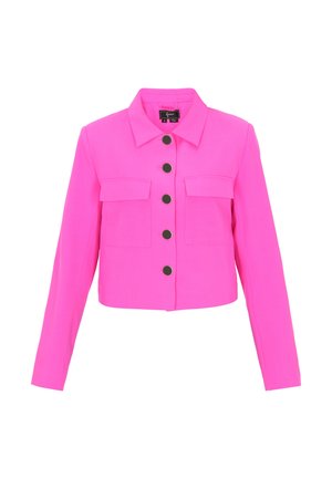 Bright pink cropped jacket with long sleeves, black buttons down the front, and two flap chest pockets on white background.