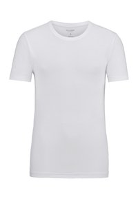 Weißes Kurzarm-T-Shirt aus weichem Baumwollstoff mit klassischem Rundhalsausschnitt und figurnahem Schnitt, versehen mit minimalen Nähdetails.