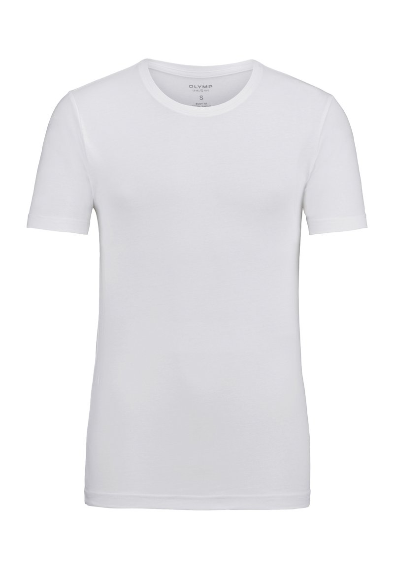 Weißes Kurzarm-T-Shirt aus weichem Baumwollstoff mit klassischem Rundhalsausschnitt und figurnahem Schnitt, versehen mit minimalen Nähdetails.