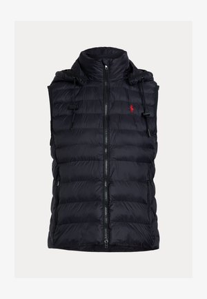 Zwarte doorgestikte mouwloze bodywarmer met ritssluiting aan de voorkant, verstelbare capuchon met trekkoord, ritssluitingen aan de zijkanten en rood geborduurd logo op de borst.