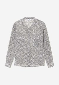 Blusa a maniche lunghe in tessuto leggero e trasparente con un motivo floreale in bianco e nero, scollatura a V e chiusura con bottoni, completa di taschino frontale.