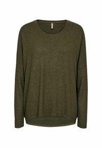 Dunkelolivgrünes, langärmliges Crew-Neck-Oberteil in lockerer Passform mit fallenden Schultern und leicht abgerundetem Saum.