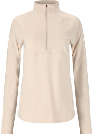 Beige pullover with a high collar and half-zip design. Long sleeves, smooth texture, and subtle stitching details on the front.