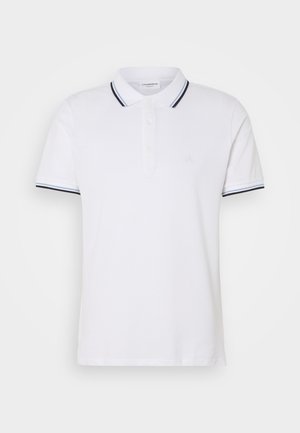 Vit pikétröja i bomull med krage, treknäppt fram och marinblå samt vita randiga detaljer på ärmarna.