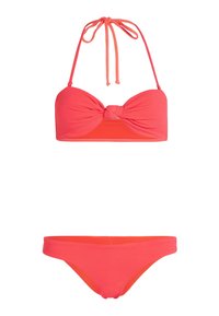 Koraalroze bikini set met een gedraaide bandeau top met verstelbare strikken en een low-rise broekje met contrasterende binnenvoering.