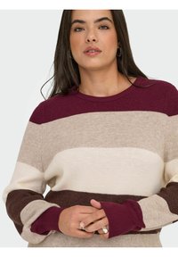 Frau mit langen dunklen Haaren, die silberne Creolen und einen gestreiften Strickpullover inburgunderrot, beige, weiß und braun trägt, mit gefalteten Händen.