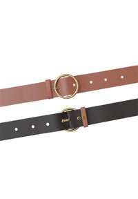 Two belts: one in dusty pink with a gold circular buckle, and one in black with a similar buckle and a brown accent. Both feature holes for adjustment.