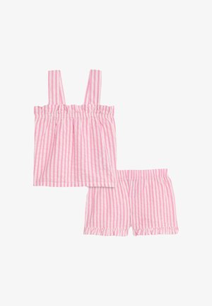 Rosa und weiß gestreiftes Zweiteiler-Set, bestehend aus einem ärmellosen Oberteil mit Rüschenausschnitt und passenden Shorts mit elastischem Bund und Rüschensaum.