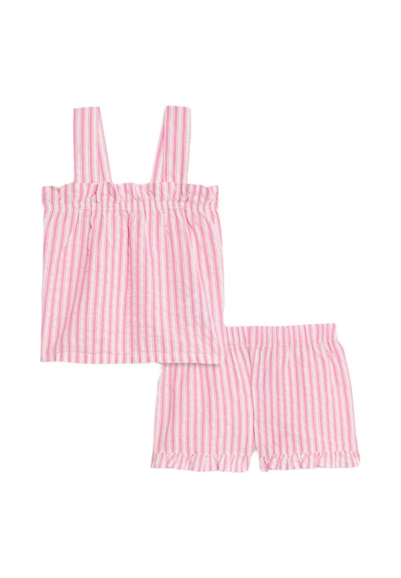 Set di due pezzi a righe rosa e bianche che presenta un top senza maniche con scollo arricciato e pantaloni coordinati con vita elasticizzata e orlo arricciato.