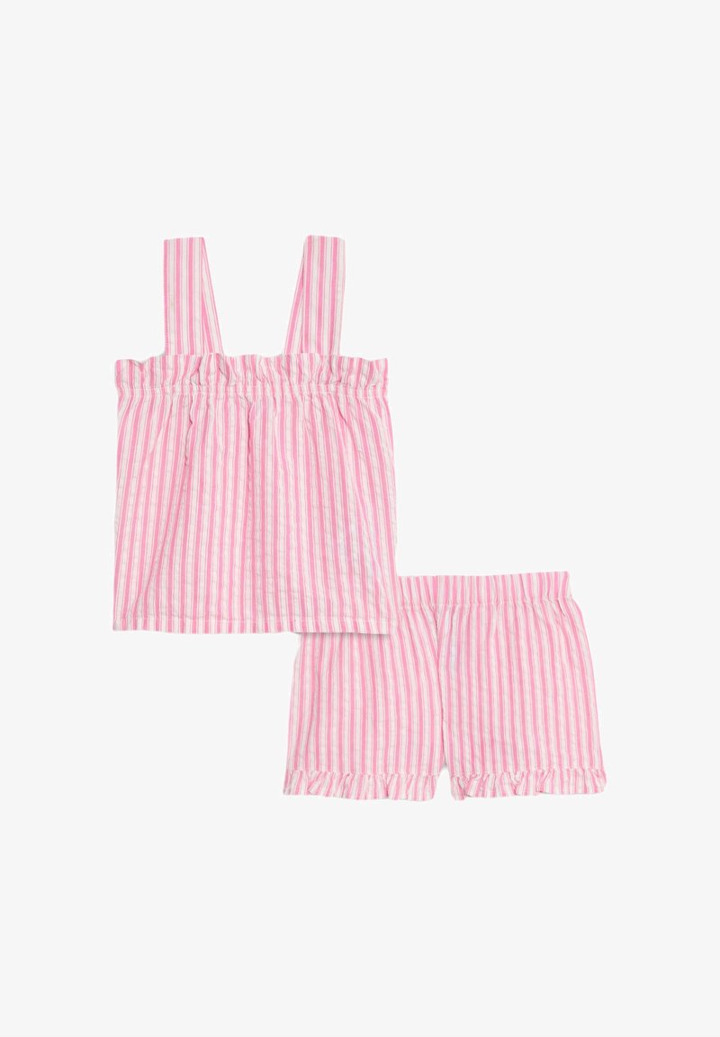 Rosa och vit randig tvådelad set med en ärmlös topp med volang i halsen och matchande shorts med elastisk midja och volang i nederkant.