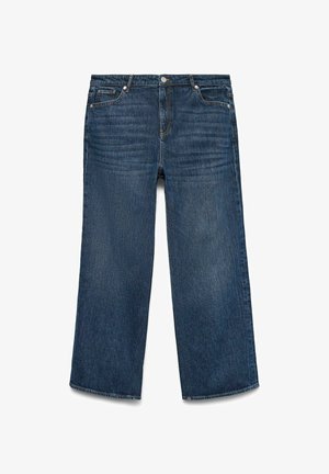 Mørkeblå denimjeans med bred benåbning, der har fem lommer, lynlås og knaplukning. Teksturen er glat med diskrete udtværinger.