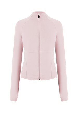Lyserød, tætsiddende jakke med lange ærmer, foran lynlås og høj hals, designet til en slank pasform.