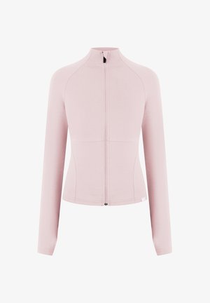 Light pink, long-sleeve fitted jacket with front zipper and high neckline, designed for a slim fit.