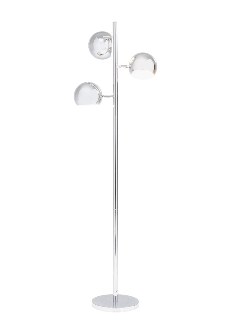 Dreiflammige Stehlampe mit verchromter Oberfläche, runder Basis und transparenten Glaskörpern. Schlankes, modernes Design mit gerader Pfostenstruktur.