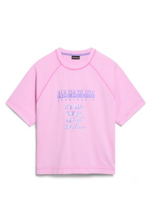Pink short-sleeve t-shirt made of soft cotton with a crew neck, featuring printed text and contrasting stitching details.