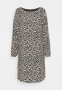 Musta polvipituinen mekko, jossa on pitkät hihat ja valkoinen epäsäännöllinen pilkkukuosi, joustavat hihansuut ja pyöreä pääntie.