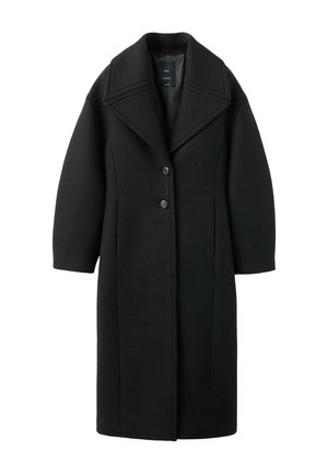 Abrigo largo de lana negra con solapas amplias, dos botones frontales y mangas largas, exhibido sobre un fondo blanco.