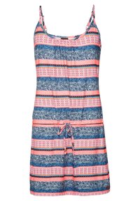 Raidallinen mekko sinisen, korallin ja mustan sävyissä. Ominaisuuksia ohuet hihnat, solmittava vyötärö, vaihtelevat kuviot lehdistä ja geometrisista muodoista. Lyhyt mitta.