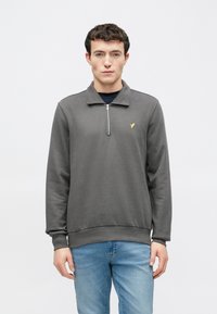 Sivá mikina na zips s golierom, na hrudi malý žltý logotyp. Mäkká tkanina s dlhými rukávmi a priliehavým lemom.