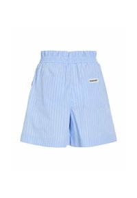 Shorts taille haute bleu clair à rayures verticales blanches et bleues, taille froncée, deux poches avant et une étiquette « ROUGE EDIT » sur la poche droite.