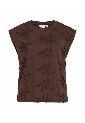 Top marron à manches courtes avec encolure ronde et motifs floraux brodés subtils sur l'ensemble du tissu.