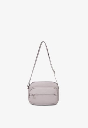 Light gray rectangular crossbody bag with front zip pocket and adjustable shoulder strap on a white background.