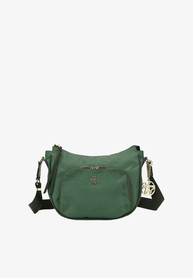 Borsa a tracolla verde con finitura texturizzata, dotata di una tasca frontale con zip, cinturino regolabile e un ciondolo decorativo sul lato.