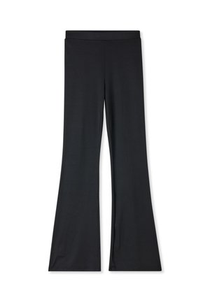 Pantaloni neri a vita alta con parte superiore aderente e fondo svasato, distesi su uno sfondo bianco.