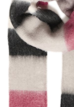 Bufanda multicolor con tejido suave y esponjoso. Presenta franjas en gris, blanco y rosa con un diseño degradado.