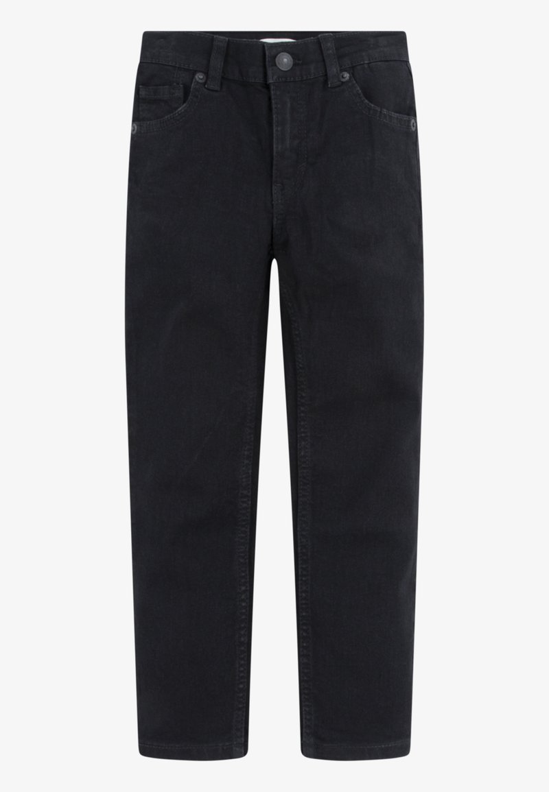 Black denim trousers with a regular fit, five-pocket design, button closure, and straight legs. Smooth texture with a minimalistic style.