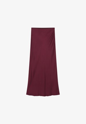 Sarkans midi svārks, kas izgatavots no gludas auduma ar nelielu mirdzumu. Satverta detaļa vienā pusē un paplatināts apakšmalā.