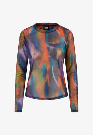 Langarmshirt aus transparentem, leichtem Stoff mit einem lebhaften, mehrfarbigen abstrakten Muster in Orange-, Blau- und Violetttönen.