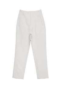 White tailored pants with a high waist, featuring double front pockets, straight legs, and clean lines in a smooth fabric.