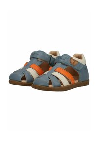 Blue toddler sandals with orange and white stripes, brown soles, and Velcro straps, designed for comfort and breathability.