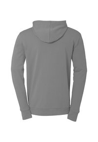 Grauer Hoodie mit langen Ärmeln und einer Kordelzugkapuze. Hat eine glatte Textur und ein einfaches Design ohne sichtbare Muster oder Akzente.