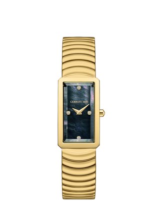 Gouden rechthoekig horloge met zwarte parelmoeren wijzerplaat, vier diamanten uurmarkeringen en een gouden flexibele band, met de tijd 4:40.