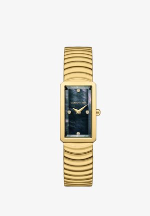 Gouden rechthoekig horloge met zwarte parelmoeren wijzerplaat, vier diamanten uurmarkeringen en een gouden flexibele band, met de tijd 4:40.