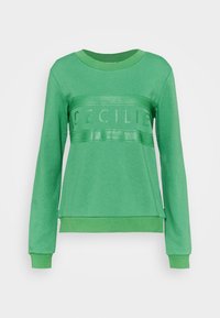 Felpa verde con maniche lunghe, scollo rotondo, pannello testurizzato che mostra la scritta 'CECILIE' in finitura lucida sul petto.