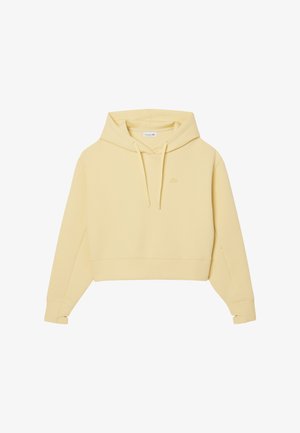 Cropped hooded sweatshirt in soft yellow fabric, featuring a kangaroo pocket, drawstring hood, and tonal logo on the chest.