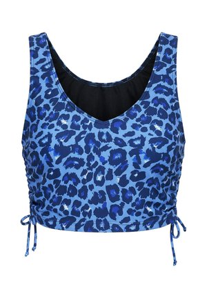 Blauer Sport-BH mit dunkelblauem und schwarzem Leopardenmuster, Rundhalsausschnitt und verstellbaren Seitenschnüren.