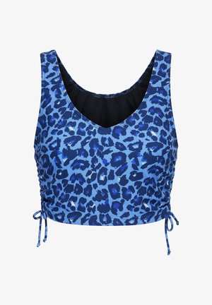 Blå sports-bh med mørkeblå og sort leopardprint, rund halsudskæring og justerbare sidelommer.