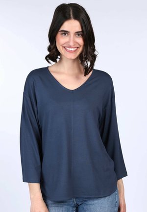 Marineblaues, leichtes Langarmoberteil mit V-Ausschnitt und lässiger Passform, das eine glatte Textur und einfache Nähte aufweist.