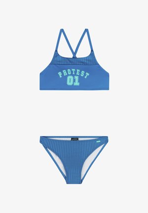 Modré dvojdielne plavky s rebrovanou textúrou, kríženými ramienkami na vrchu a zeleným nápisom "PROTEST 01" na hrudi.