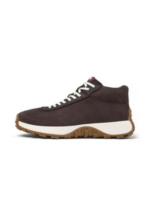 Brown leather high-top sneakers with white laces, textured rubber outsole, and a contrasting white midsole. Red logo on tongue.