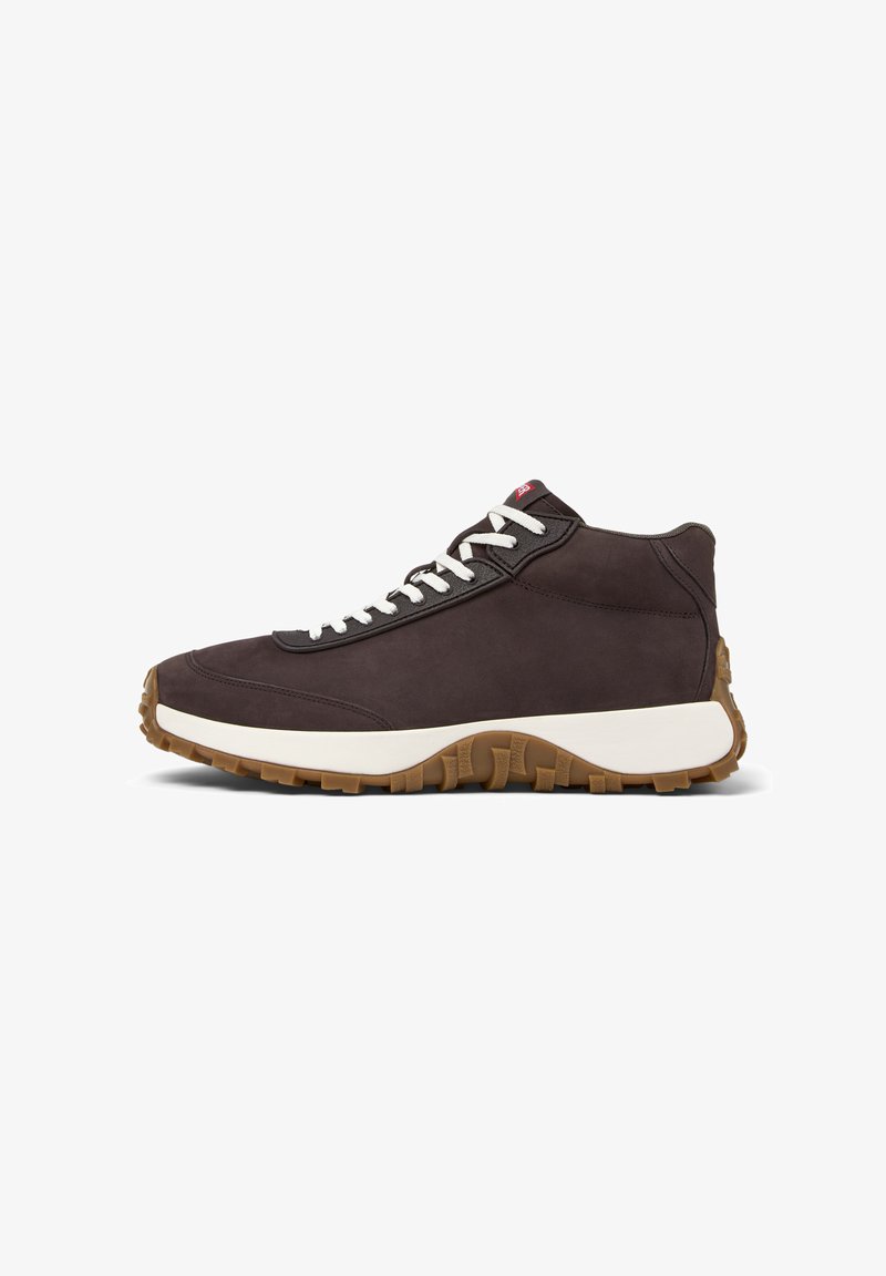 Brown leather high-top sneakers with white laces, textured rubber outsole, and a contrasting white midsole. Red logo on tongue.