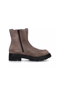Stivaletto in suede grigio con zip laterale, suola in gomma nera, punta arrotondata e cuciture rinforzate lungo le cuciture.