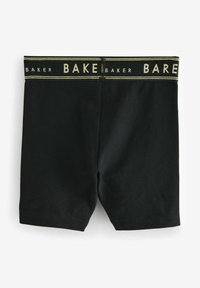 Sorte bomuldsbukser med en bred elastisk talje, der har "BAKER" i guld skrift og dobbelte guldstriber. Glat tekstur.
